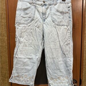 Light Blue Denim Capri Pants Detailing on Pockets & Bottom of Legs